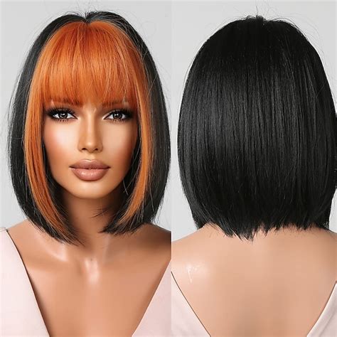 Brown Blonde Ombre Bob Wigs For Women Cosplay Wig With Bangs Dark Roots Gray Natural Hair