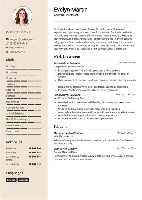 Animal Caretaker Resume Example for 2026: Effective Tips - CVDesigner.ai