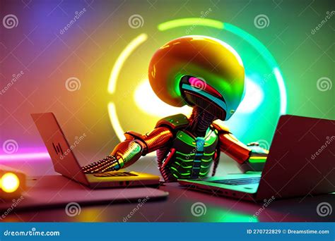 Futuristic Alien Hacker Using Laptop In Outer Space Stock Illustration