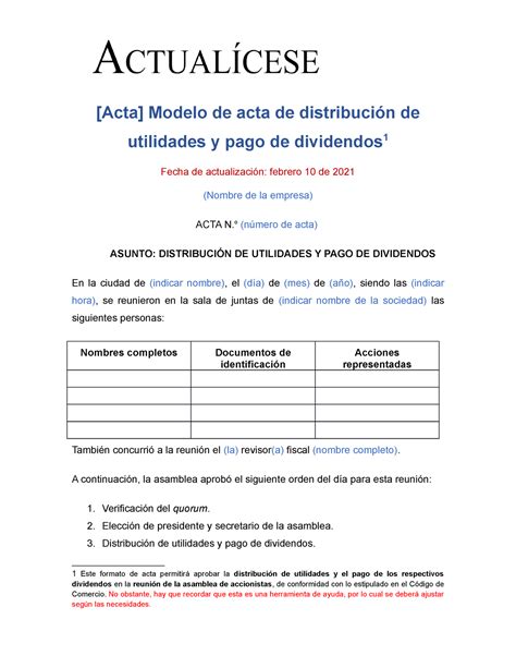 Modelo De Acta De Distribuci N De Utilidades Y Pago De Dividendos