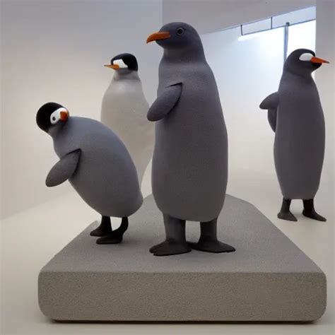 Pingu Visits An Art Exhibition Sculptures White Stable Diffusion