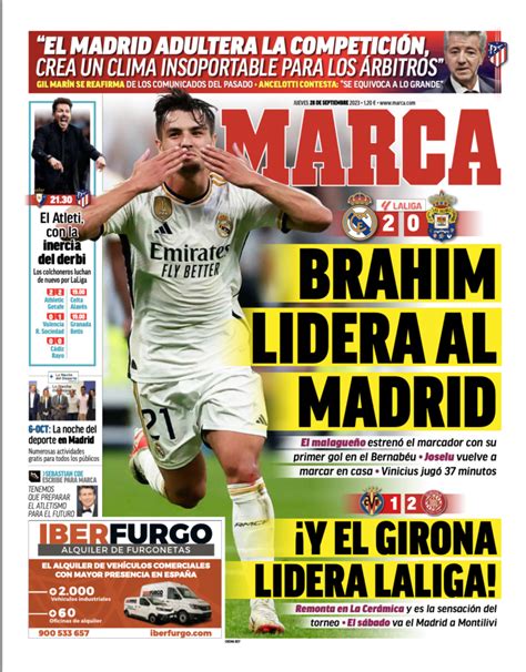 リーガ第7節ラス・パルマス戦翌日marca紙一面：brahim Lidera Al Madrid（ブラヒム、マドリーをリード） マドリード