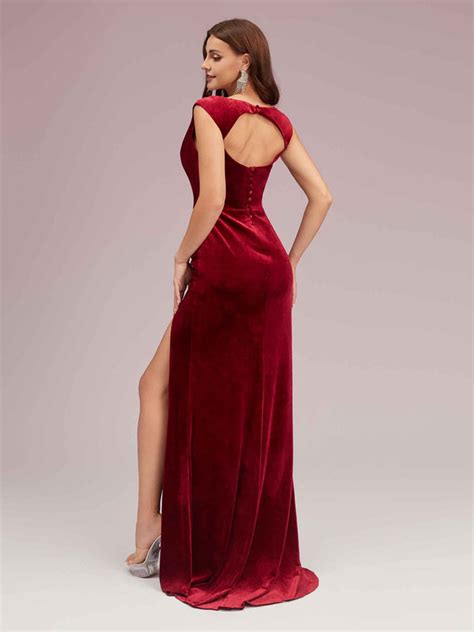 Sexy Open Back Velvet Scoop Long Mermaid Prom Dresses With Slit Cetims