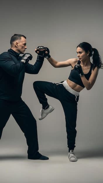 Man In Black Outfit And Athletic Caucasian Woman Fighting On White