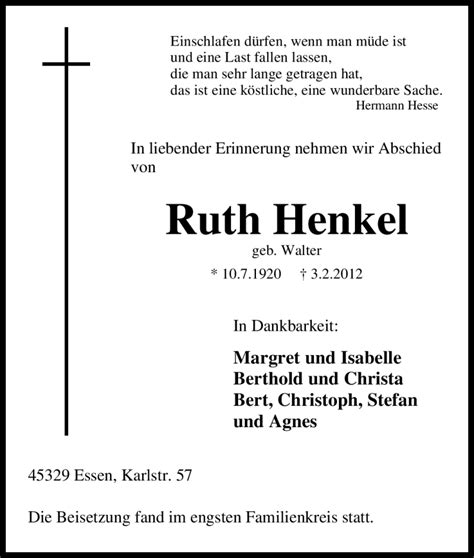 Traueranzeigen Von Ruth Henkel Trauer In NRW De