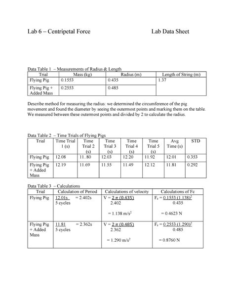 Lab Data Sheet Lab Centripetal Force Lab Data Sheet Data Table