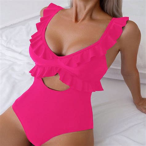 Generic New Pure Color Ruffles One Piece Swimsuit For Women Halter Bikini Beach Swimming