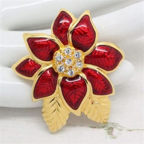 S Monet Red Gloss Enamel Flower Brooch Vintage Brooch Jewellery