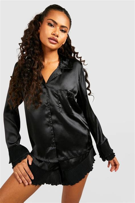 Pleated Frill Satin Shirt And Short Set Boohoo