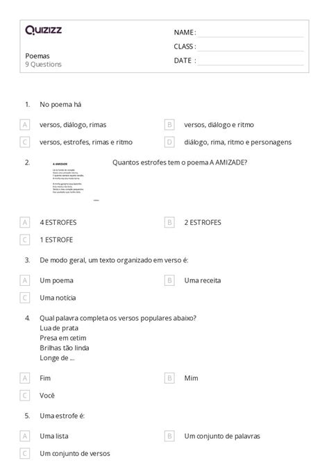 Poemas Hojas De Trabajo Para Grado En Quizizz Gratis E Imprimible