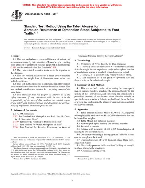 ASTM C1353 98e1 Standard Test Method Using The Taber Abraser For