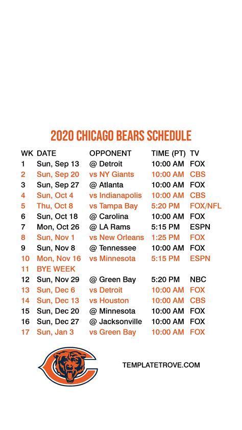 Chicago Bears Schedule Printable Cincinnati Bengals Noon Sunday Sept