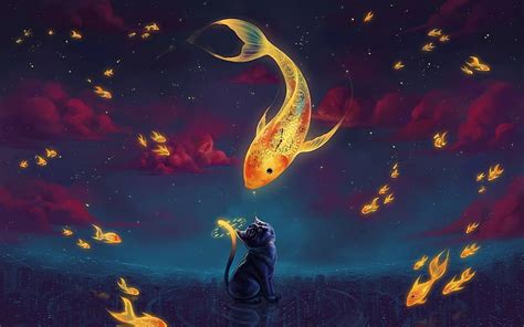 HD wallpaper: black cat surrounded by yellow fish wallpaper, animals, surreal | Wallpaper Flare