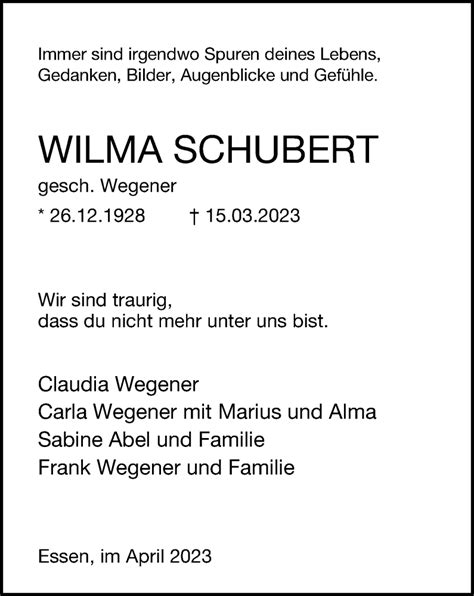 Traueranzeigen Von Wilma Schubert Trauer In Nrw De