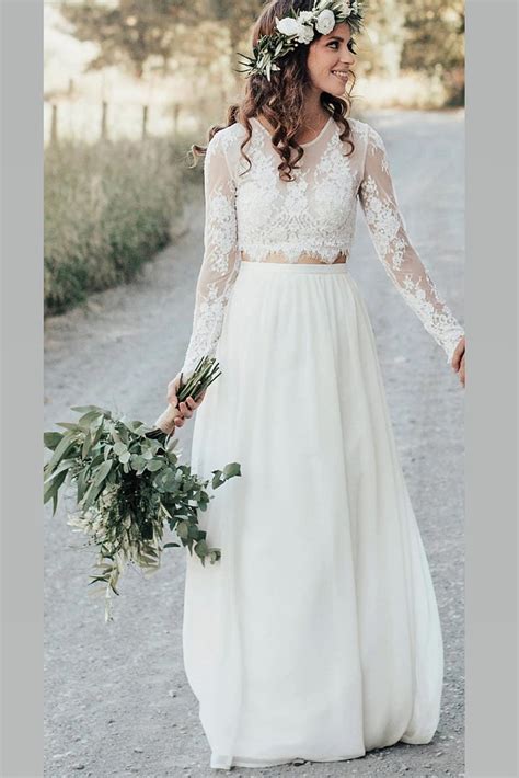 Boho Two Piece Long Sleeve Wedding Dress Lace Top Chiffon Skirt