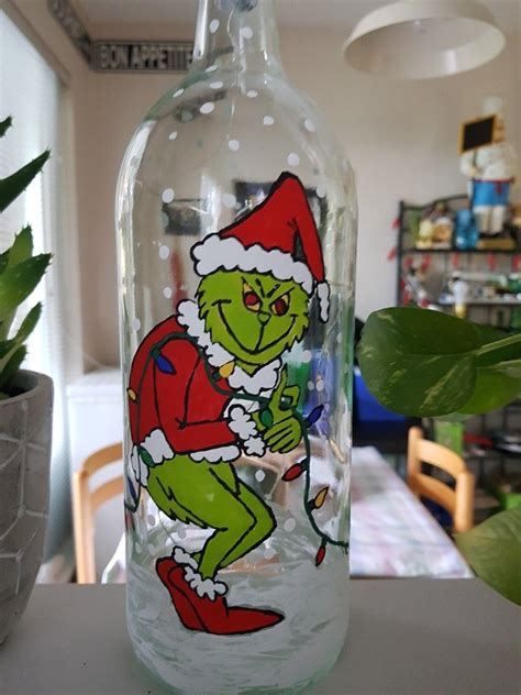 Grinch Hand Painted Wine Bottle Light Wine Bottle Crafts Christmas