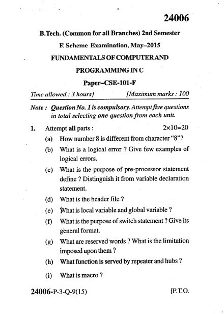 Mdu Cse 101 F Fundamentals Of Computer And Programming In C May 2015 Question Paper University