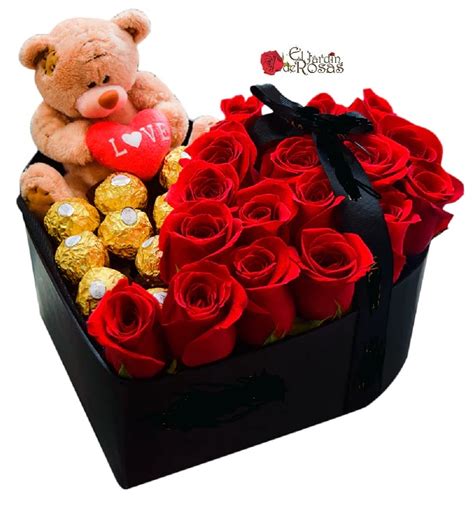 caja forma de corazón con 15 rosas peluche y ferreros a domicilio El