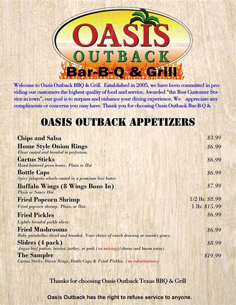 Menu at Oasis Outback restaurant, Uvalde