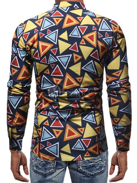 Men Casual Shirt Geometric Print Cotton Long Sleeve Shirt