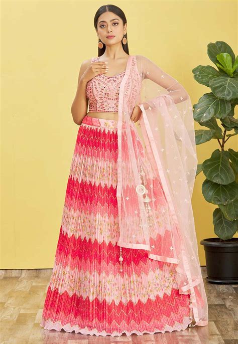 Buy Digital Printed Chinon Chiffon Lehenga In Pink And Baby Pink Online