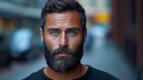 Premium AI Image Portrait Of Handsome Bearded Man With Intense Blue