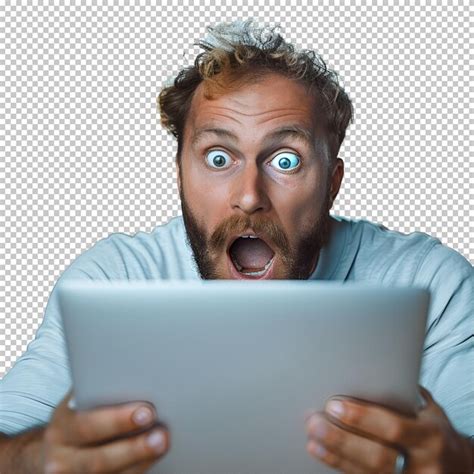 Premium Psd A Man With A Surprised Look On His Face Holding A Tablet