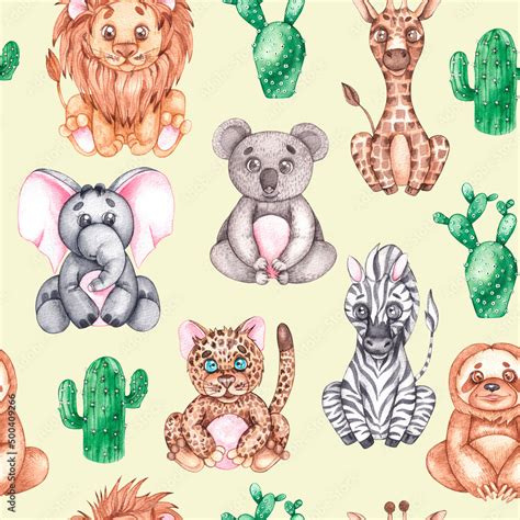 Watercolor safari pattern with animals Stock Illustration | Adobe Stock