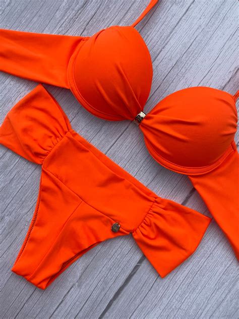 This Brazilian Neon Orange Bikini Set Has Adjustable Straps With Tie