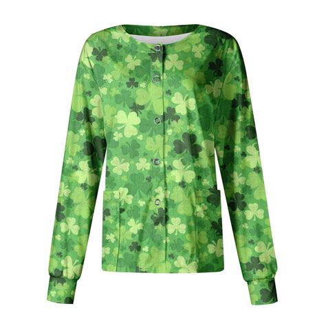 Dndkilg Womens St Patricks Scrub Top Green Shamrock Clover Button Down