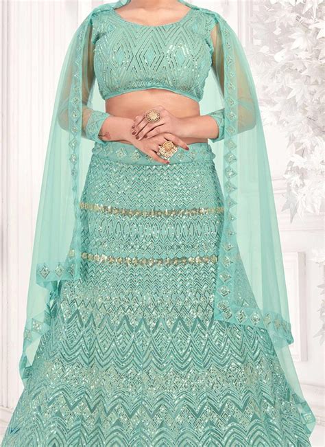 Shop Turquoise Net Sequins Embroidered Work Umbrella Lehenga Choli