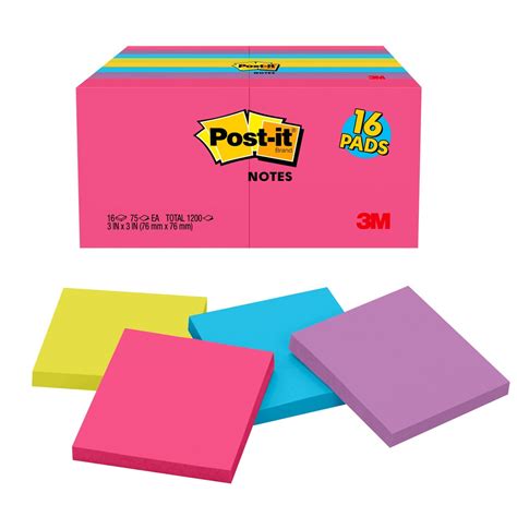 Post It® Notes • 3 X 3 76mm X 76mm • 75 Sheetspad • 16 Pads