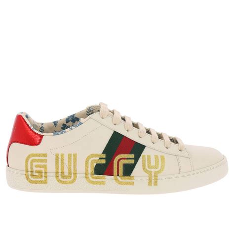 Gucci New Ace Sneakers In Soft Genuine Leather With Web Bands And Guccy Glitter Logo White