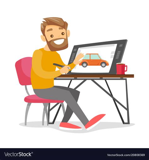 A white man graphic designer works at the office Vector Image