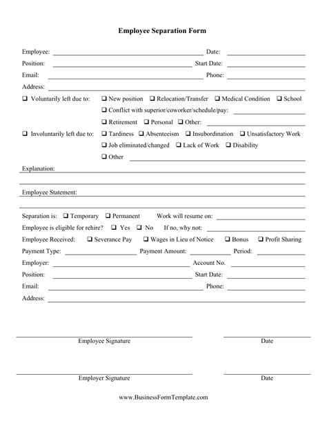 Free Employee Separation Form Template