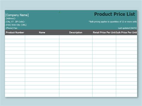 Excel Of Product Price Listxlsx Wps Free Templates