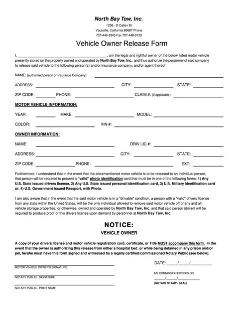 Vehicle Release Form - Fill Online, Printable, Fillable, Blank | pdfFiller