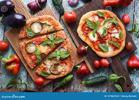 Healthy Vegetarian Food Pizzas With Eggplants Tomatoes And Bell