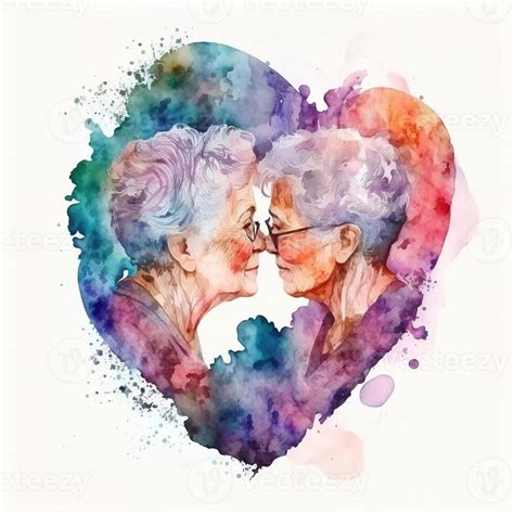 Watercolor Illustration Of Two Gay Grandmothers Kissing A Mature Couple In Love 22408415 Stock
