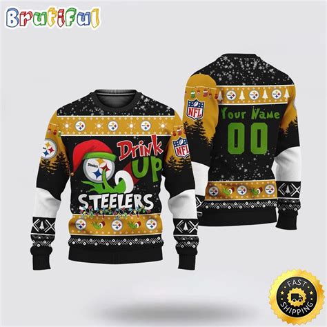 Custom Nfl Pittsburgh Steelers Ugly Christmas Sweater Grinch Drink Up