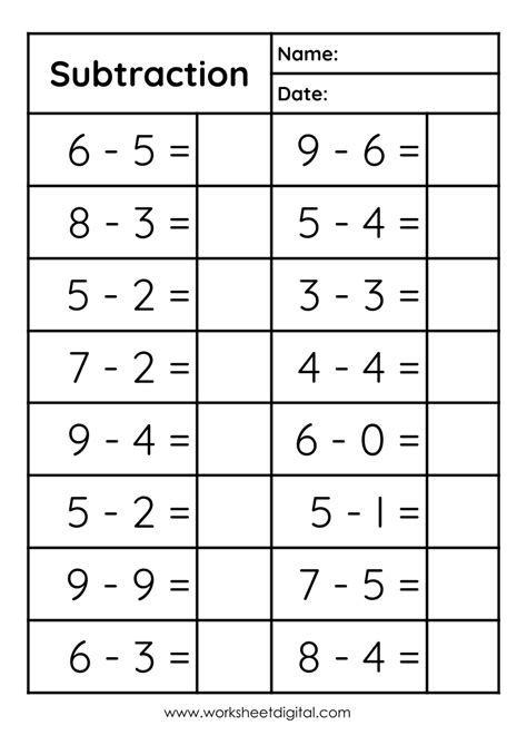 Subtraction Single Digit Worksheet Digital