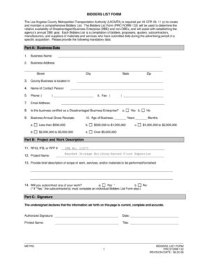 Fillable Online Bidders List Form SBS Corporation Fax Email Print