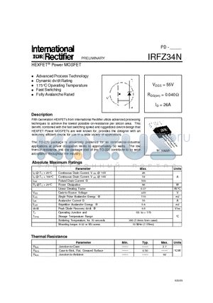 IRFZ34N datasheet - Power MOSFET(Vdss=55V, Rds(on)=0.040ohm, Id=26A ...