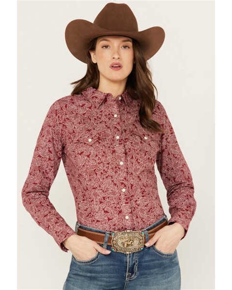 Wrangler Womens Floral Print Long Sleeve Snap Western Shirt Red