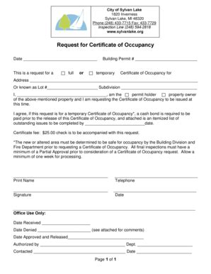 Fillable Online Sylvanlake Request For Certificate Of Occupancy