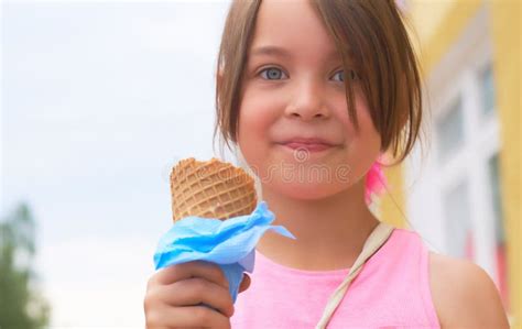 Pretty Little Girl Eating Licking Big Ice Cream In Waffles Cone Happy