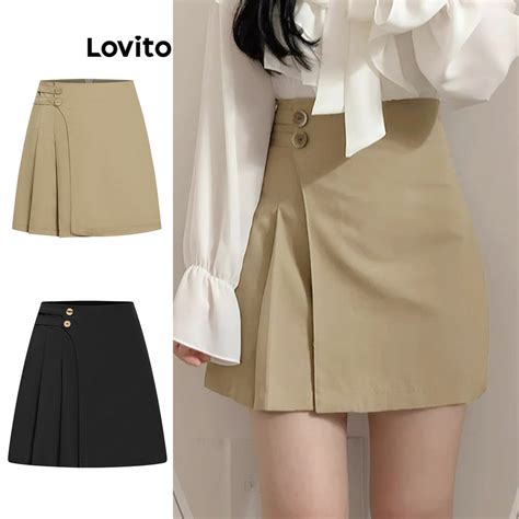 Lovito Casual Saia Assimétrica Plissada Simples para Mulheres L77ED088