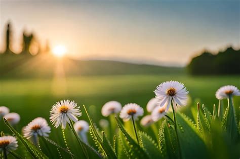 Premium AI Image | daisies in a field at sunset