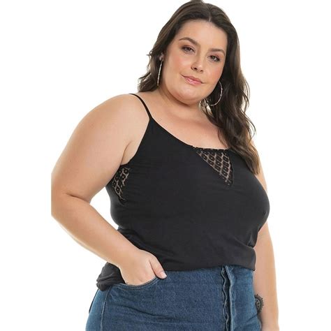 Blusa Plus Size Malha De Viscose Renda Preto Miss Masy Plus