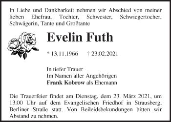 Traueranzeigen von Evelin Futh Märkische Onlinezeitung Trauerportal